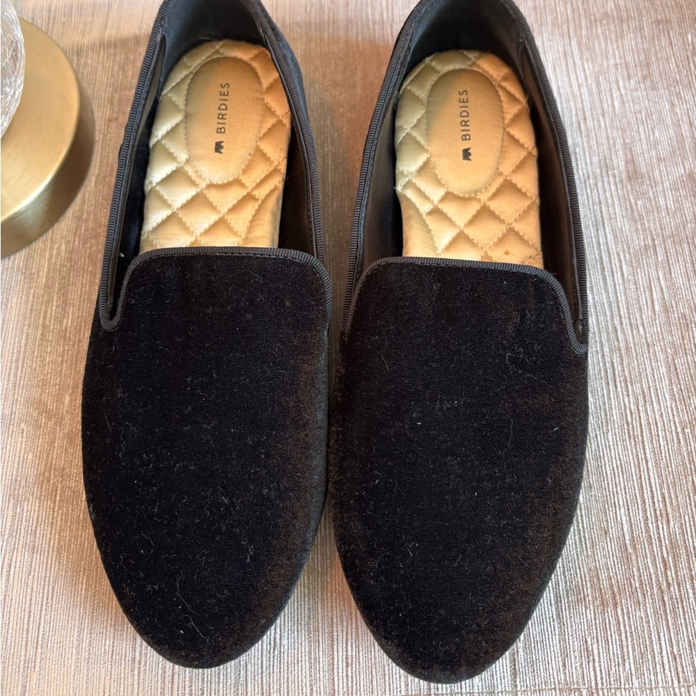 Birdies Black Velvet Quilted-Insole Slip-On Loafers